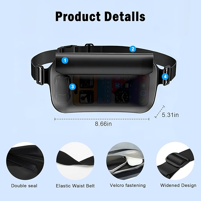 Waterproof Waist Bag, Passport Wallet Tote, IPX8 Waterproof Rating, Underwater-Use Phone Pouch, TUP Dry Bag, Ideal for Diving, Swimming, Kayaking (2-Pack Set in Black)
