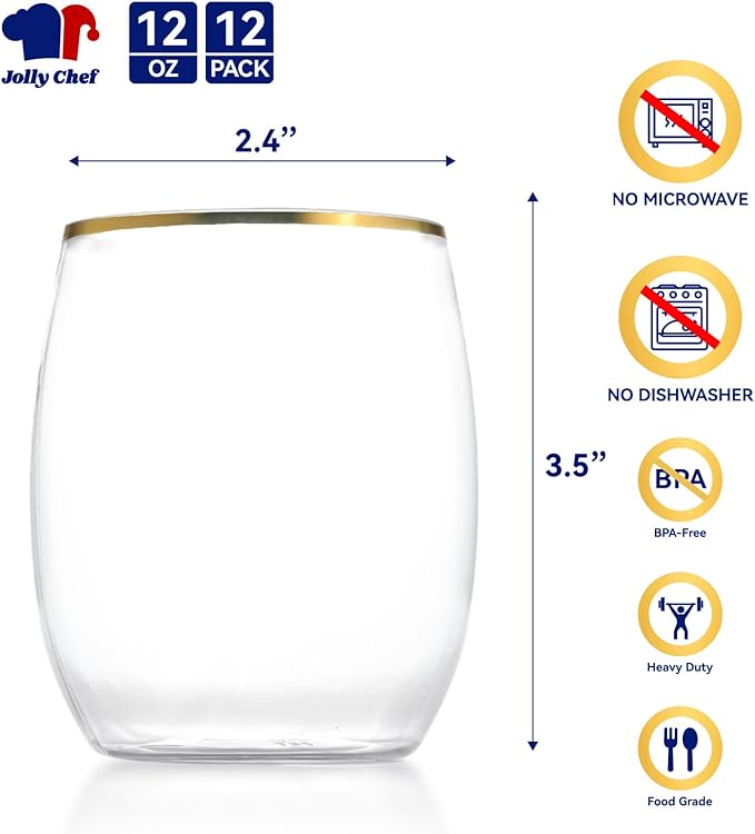 JOLLY CHEF 12 Pack 12oz Gold Plastic Wine Glasses Stemless, Gold Disposable Wine Cups, Premium Quality, Unbreakable, Disposable Plastic Wine Cups for Party, Halloween, Christmas, Thanksgiving