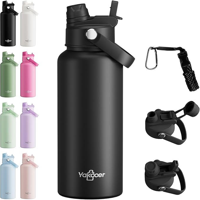 32oz Insulated Water Bottle with 2-in-1 Straw and Spout Lid, 304 Stainless Steel Water Bottle Keep Cold for 24H,Leak-Proof,Sports Water Bottle with Braided Carry Strap for Gym,Travel, Black