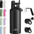 32oz Insulated Water Bottle with 2-in-1 Straw and Spout Lid, 304 Stainless Steel Water Bottle Keep Cold for 24H,Leak-Proof,Sports Water Bottle with Braided Carry Strap for Gym,Travel, Black