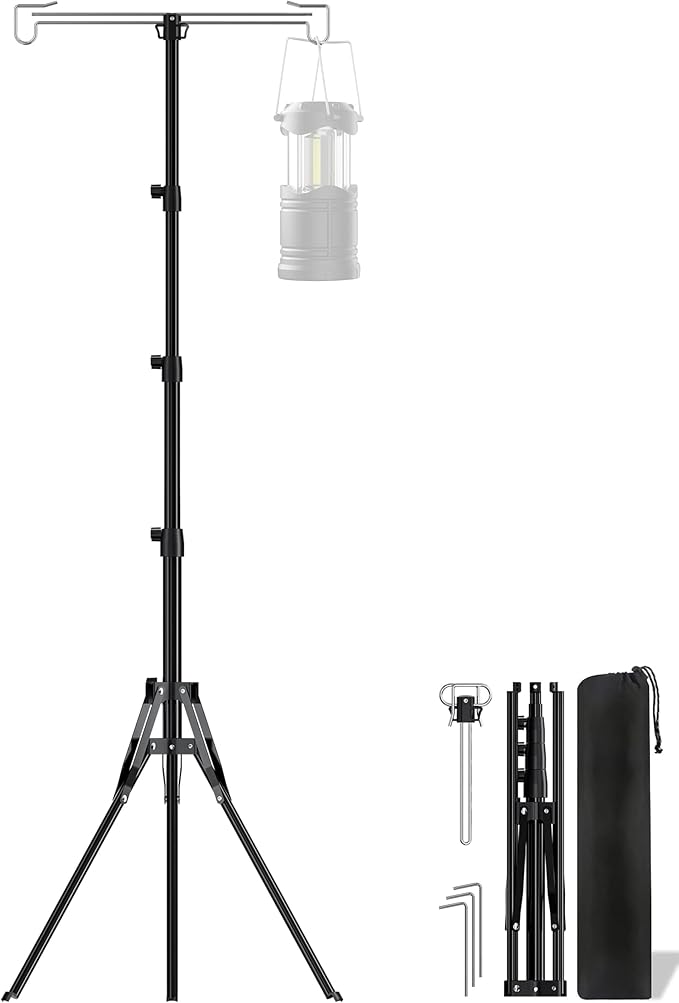 Telescopic Height Adjustable Camping Lantern Tripod Stand - 2-Hook Lantern Hanger for Outdoor Camping/RV/Tent