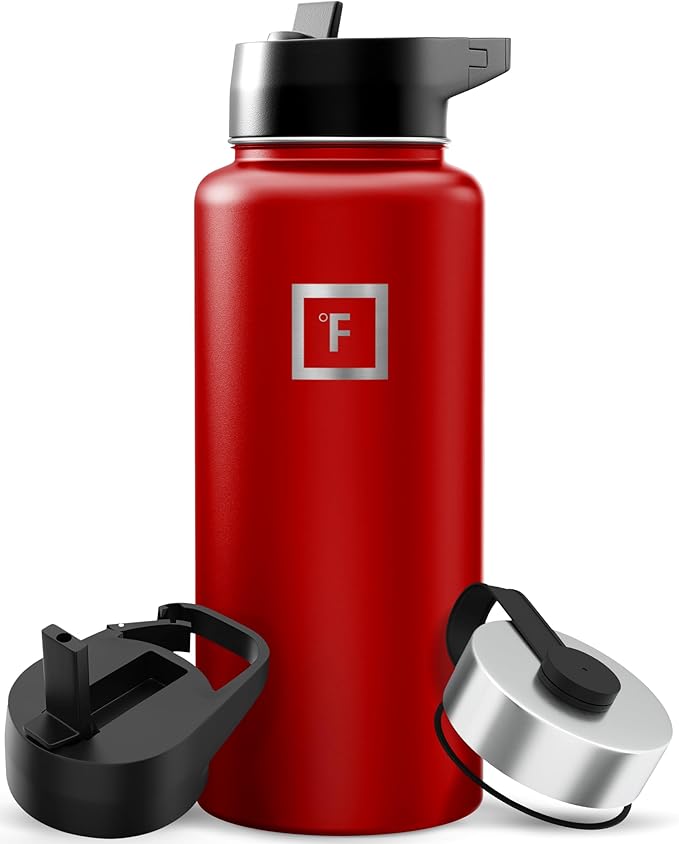 IRON °FLASK Camping & Hiking Hydration Flask with Straw, Wide Mouth Insulated Stainless Steel Sports Water Bottle - 32 oz Fire Red