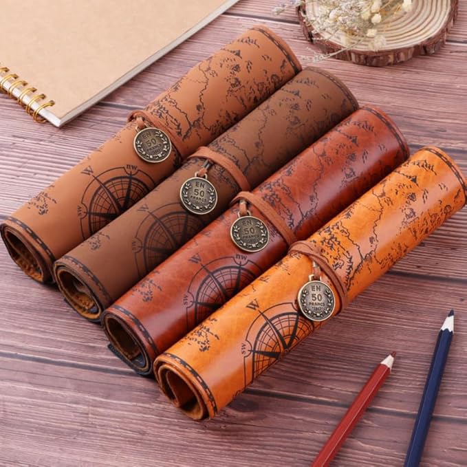 MAGICLULU Retro Treasure Map Roll up Pencil Case Leather Large Capacity Pencil Pouch Organizer for Art Supplies and Makeup Brushes 8.19X8.19 Inches
