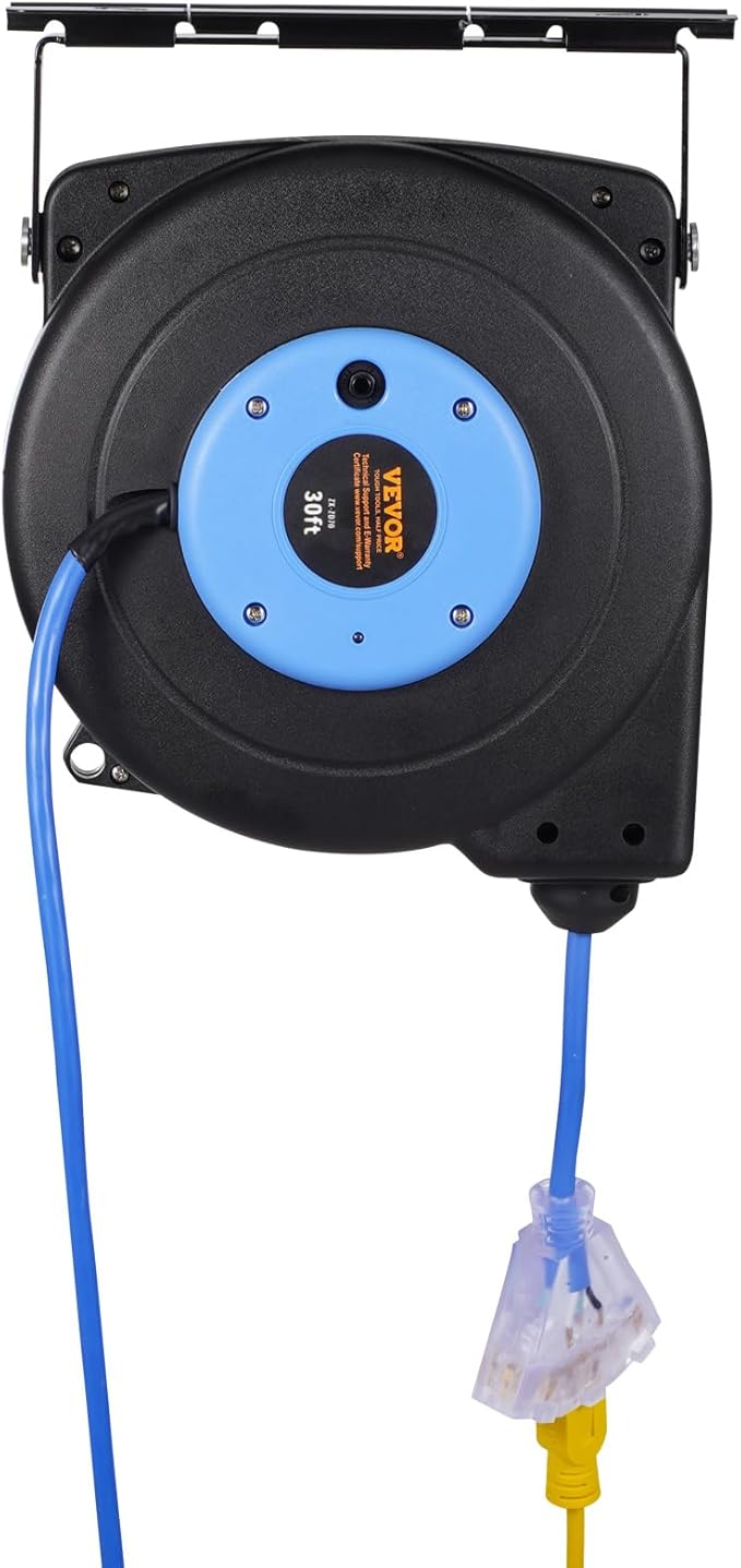 VEVOR Retractable Extension Cord Reel, 30 FT, Heavy Duty 16AWG/3C SJTOW Retractable Power Cord Reel with Lighted Triple Tap Outlet 10 Amp Circuit Breaker, for Ceiling or Wall Mount, Blue