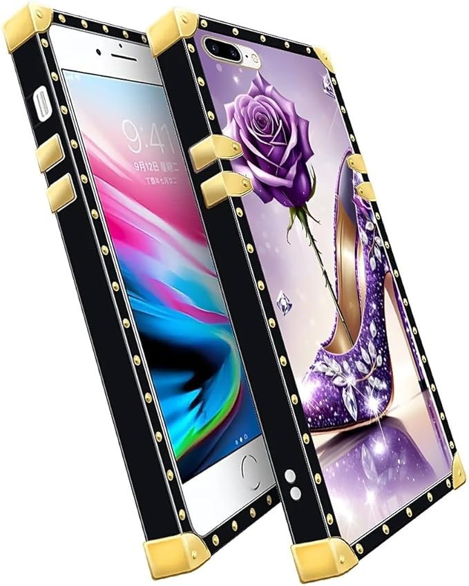 Compatible with iPhone 8 Plus 7 Plus Case, High Heeled Purple Diamond Rose Luxury Golden Decoration for Girl Women Soft TPU Shockproof Protective Hard PC Back for iPhone 8 Plus 7 Plus