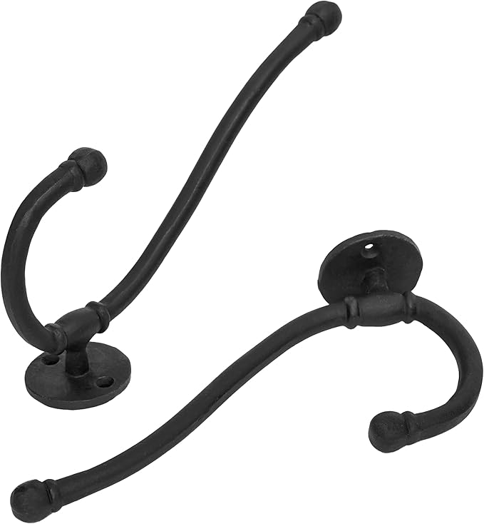Mystic Colonial Rustic Cast Iron Wall Hooks, Heavy Duty Retro Utility Hanger, Multi Purpose Wall Mount Hooks for Hanging Coat, Bag, Towel, Robe, Hat, Pack of 2-8"" x 1.5"""