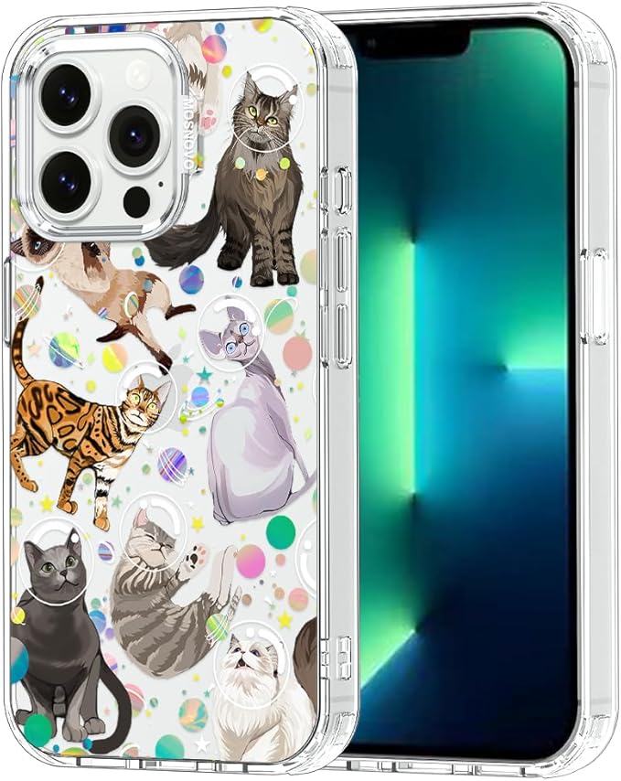 MOSNOVO Case for iPhone 13 Pro, [Buffertech 6.6ft Military-Grade Drop Protection] [Anti Peel Off Tech] Clear TPU Bumper Phone Case Cover Design - Space Cat