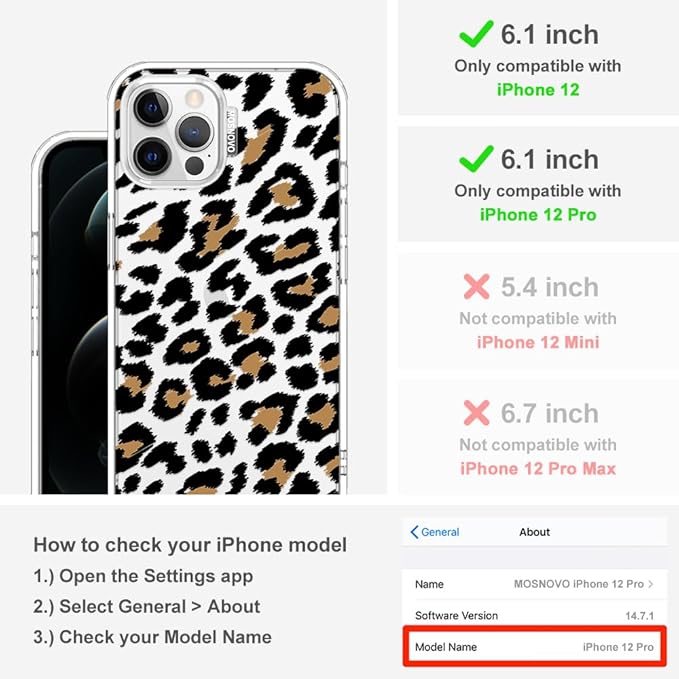 MOSNOVO Case for iPhone 12 & iPhone 12 Pro, [Buffertech 6.6ft Military-Grade Drop Protection] [Anti Peel Off Tech] Clear TPU Bumper Phone Case Cover Design - Leopard Print