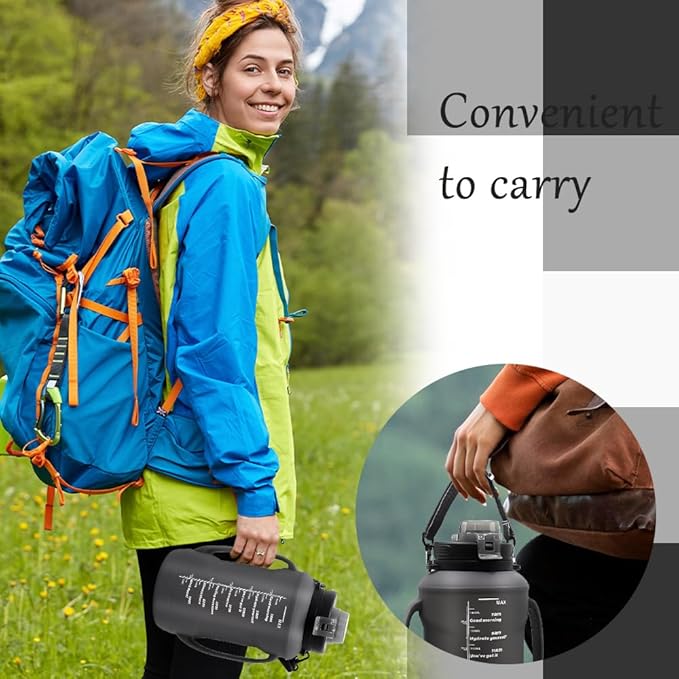 64oz Foldable Silicone Water Bottle with Straw, BPA-Free Motivational Time Marker, Leakproof Collapsible Water Jug with Handle for Gym, Sports, Camping & Outdoor Activities (Black)
