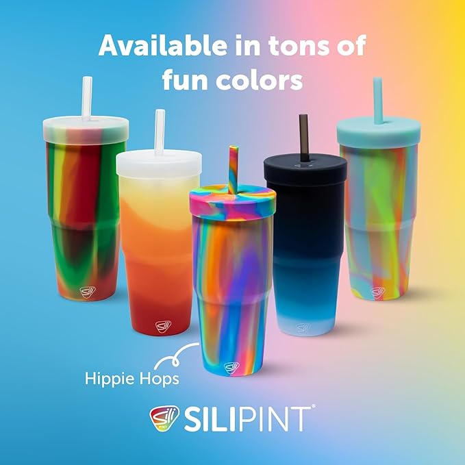 Silipint 32oz Silicone Straw Tumbler – BPA-Free, Non-Toxic, Unbreakable, Microwave, Dishwasher Safe – Perfect for Tea, Cold Water, Smoothies, Sun Storm - Pack of 2