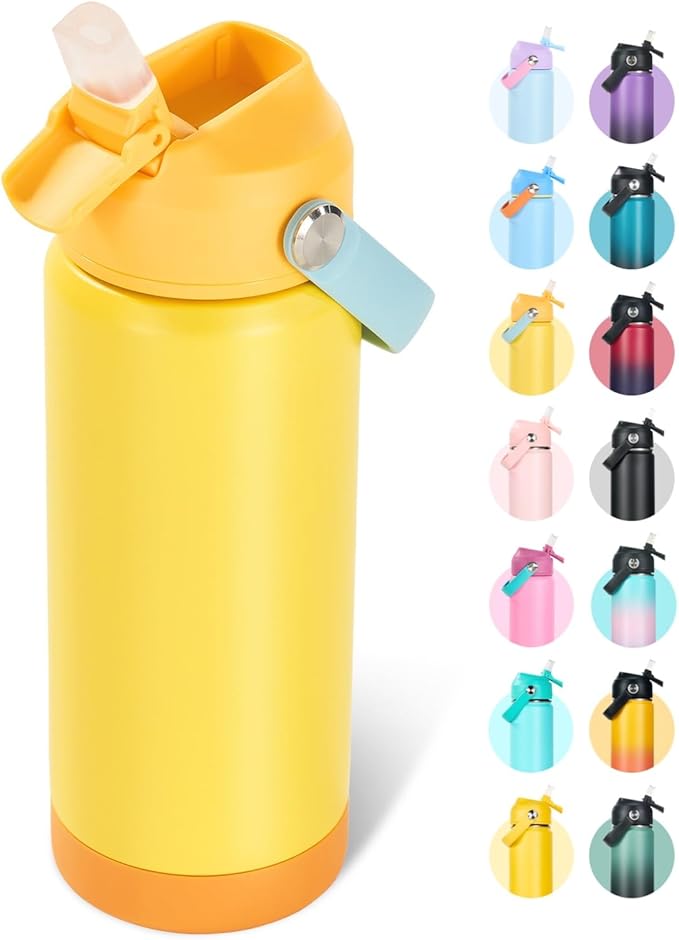 Fijinhom 18oz Insulated Stainless Steel Water Bottle, Wide Mouth Double Wall Vacuum, Silicone Straw, Sweat & Leak Proof, BPA Free Insulated Water Flask for Travel, Keep Cold 24h Hot 12h, Lemon