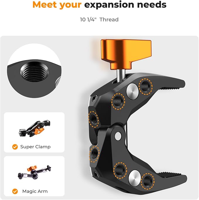 K&F CONCEPT Camera Mount Clamp, Super Crab Clamp with 1/4" Thread Holes, 60mm Max Opening for Round Pipe Flat Surface, Monitors, LED Lights, and Other Photographic Accessories
