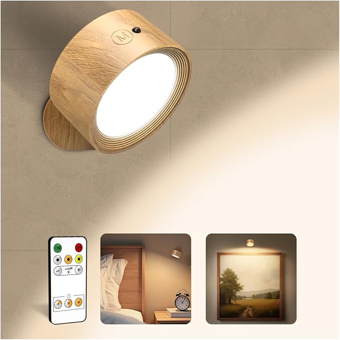 LED Wall Mounted Lights, Rechargeable Wall Sconce Lamps, 3 Color Temps & Remote and Touch, 360° Rotation Dimmable Cordless Wall Light for Study Bedroom Reading Bedside (Wood, 1 Pack)