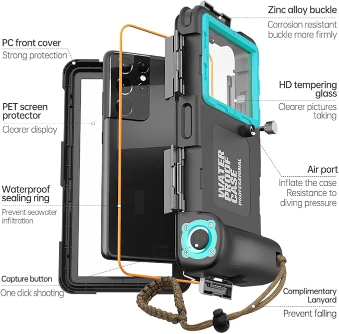 Hllhunkhe Universal Underwater Phone Case for Snorkeling, Professional Diving Waterproof Phone Case for iPhone 7-17 Pro/Pro Max/Plus/Mini, Galaxy S10-S25 Ultra/Plus and Most Phones,Black/Teal