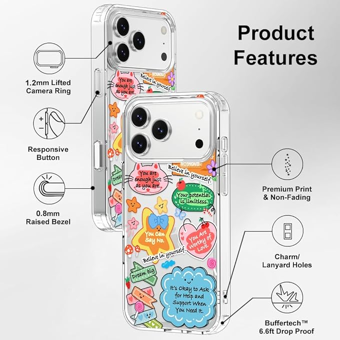 MOSNOVO for iPhone 17 Pro Max Case, Shockproof Military-Grade Protection 6.6ft Drop Tested, Camera Control, Clear Phone Case for iPhone 17 Pro Max, Self Love Club Design