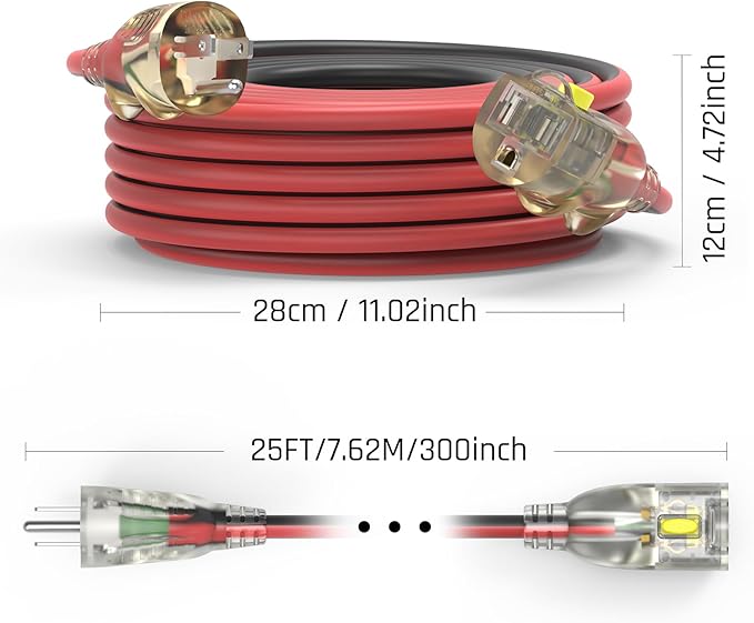 25FT 14/3 Gauge Medium Duty Outdoor Extension Cord Waterproof with Locking LED Lighted Plugs, SJEOW All-Weather Jacket (-50°C to 105°C), 15amp 1875W, 3 Prong, ETL Certified