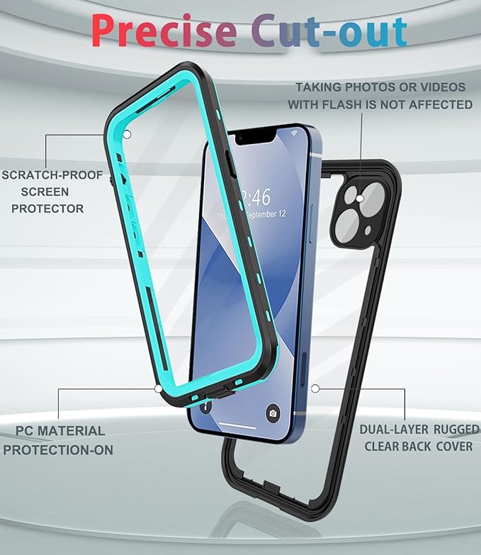 for iPhone 13 Case Waterproof Shockproof Dustproof Full-Body Sturdy with Camera Lens Protector and Built-in Screen Protector,Underwater Full Sealed Cover Protective for iPhone 13 (Teal)