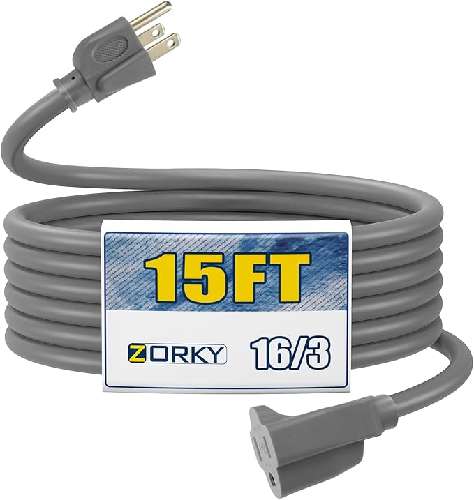 15ft Outdoor Extension Cord for Christmas Decorations - 16/3 Heavy Duty SJTW Waterproof Gray Electrical Cable with 3 Prong Grounded Plug for Safety, Great for Lawn and Major Appliances