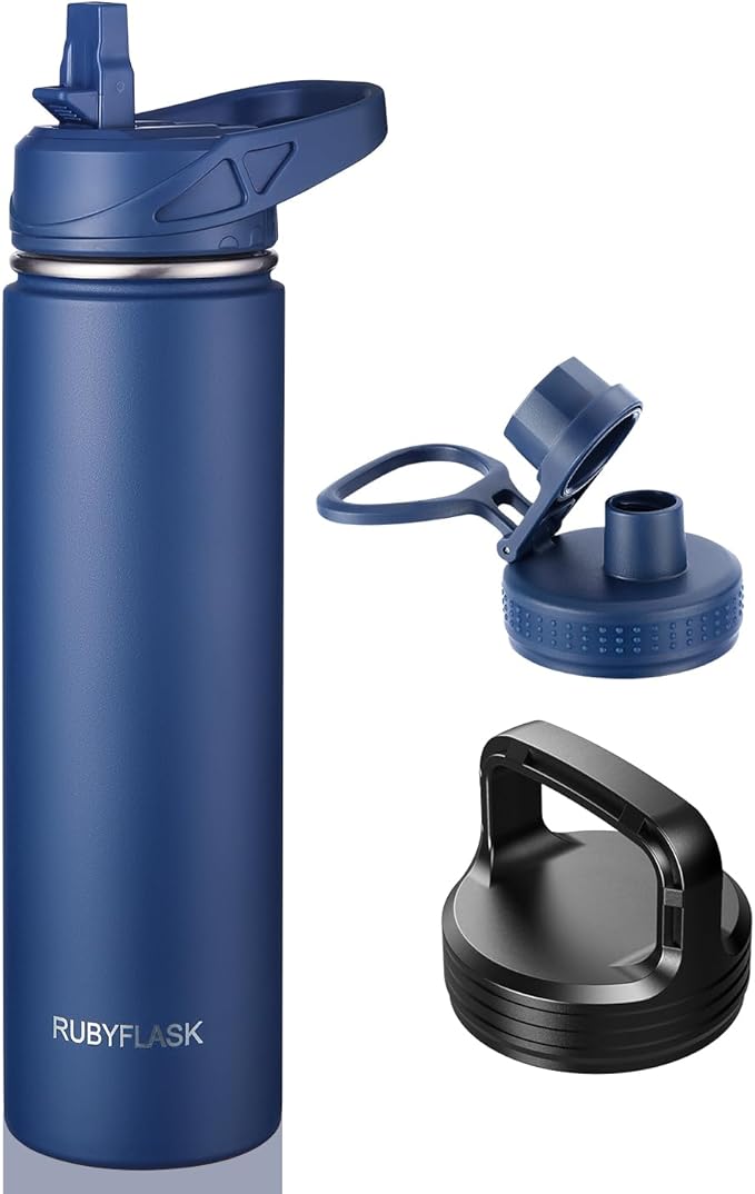 RUBYFLASK 24oz Insulated Water Bottle with Straw, Stainless Steel Metal Vacuum Water Flask, Large Thermal Water bottle with Leakproof 3 Lids for Travel, Camping, Gym Sports Navy