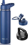RUBYFLASK 24oz Insulated Water Bottle with Straw, Stainless Steel Metal Vacuum Water Flask, Large Thermal Water bottle with Leakproof 3 Lids for Travel, Camping, Gym Sports Navy