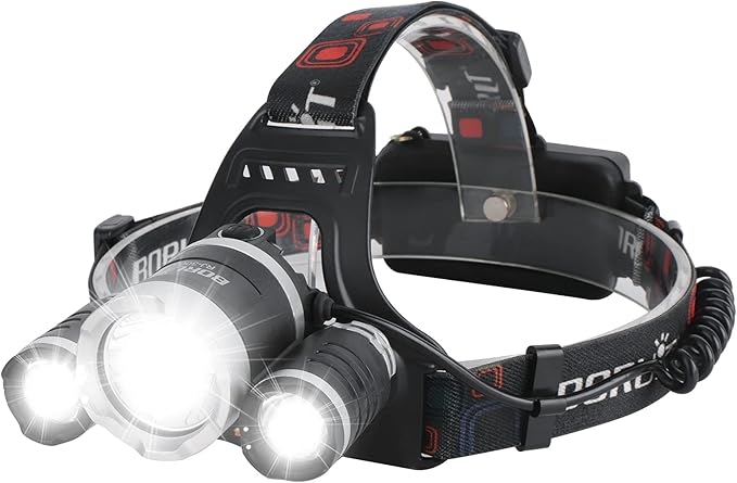 BORUIT RJ-3000 Headlamp Rechargeable, LED Head Lamp Super Bright - Outdoor Headlight 4 Modes, 4 Helmet Clips, Waterproof Construction Hard Hat Head Light for Adults Camping Hiking Hunting