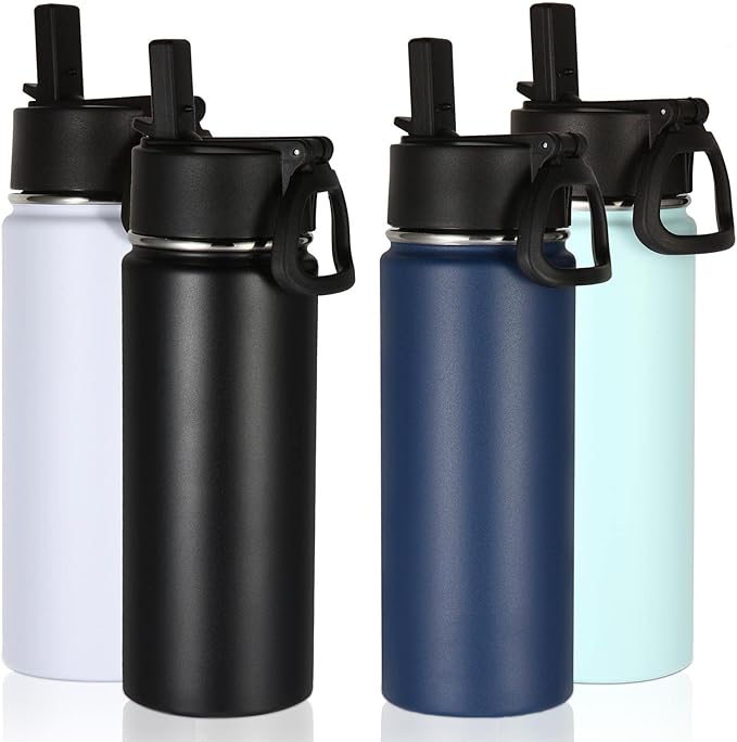 Volhoply 18oz Insulated Water Bottle Bulk 4 Pack,Kids Stainless Steel Water Bottles with Straw Lid,Wide Mouth Reusable Metal Bottle,Double Wall Vacuum Sports Flask Keep Hot and Cold(Mix,4 Set)