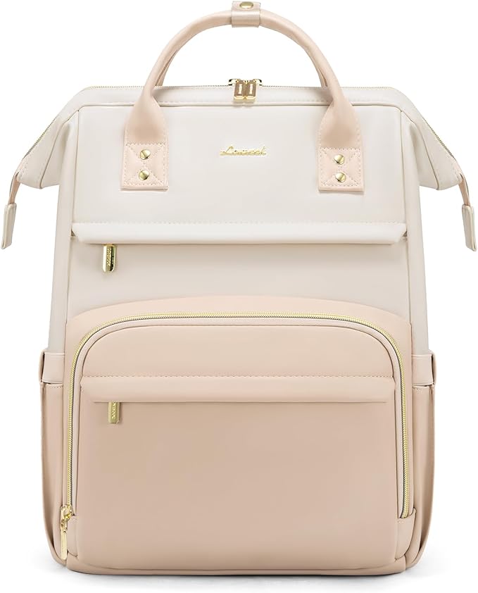 LOVEVOOK Leather Backpack for Women, 17 inch Laptop Backpack, Professional Work & Travel Bag, Beige-Flesh Beige