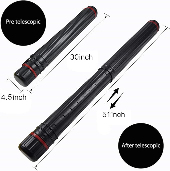 DEWEL 2Pcs Poster Tube Extends from 30" to 51", Telescoping Plastic Art Tube for Poster/Art/Document/Blueprint/Fishing Rod, Waterproof and Light Resistant with Carrying Strap(Black XL Size)