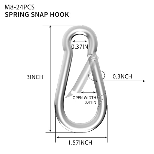 Carabiner, Heavy Duty Galvanized Steel Spring Snap Hook Carabiner Clips with 550LBS Holding Capacity, Ideal for Outdoor, Hammock, Swing and Travel (M8 3Inch, 24PCS)