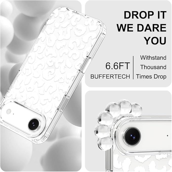 MOSNOVO for iPhone Air Case | Military Grade 6.6ft Drop Tested | Camera Control | Clear with White Leopard Print Design