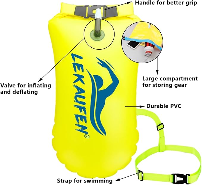 Swim Buoy for Open Water, 20L Swim Safety Float Waterproof Dry Bag for Swimmers Triathletes Kayakers Snorkelers, Swimming Pull Buoy for Safer Swim Training (Light Yellow)