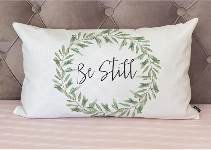 EKOBLA Rustic Be Still Rectangle Throw Pillow Case Green Olive Wreath Leaves Waist Lumber Cotton Linen Cushion Cover Oblong Rectangle Pillowcase for Men Women Home Decoration Bedroom 12x20 Inches