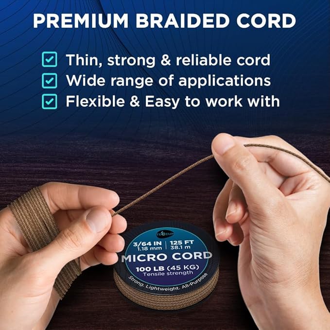 TECEUM Micro Paracord – 1.18 mm X 125 ft – Micro Utility Cord – Thin Braided Paracord Rope – Best for Crafting, DIY Projects, Fishing, Camping – Wind Chime Replacement – Survival Strong String