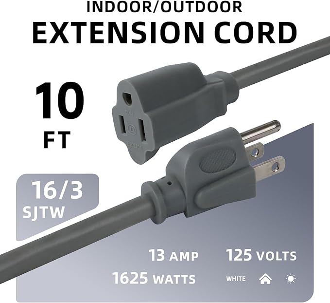 EP 2 Pack 10 Ft Outdoor Extension Cord, 16/3 SJTW Heavy Duty Power Cord, 3 Prong Grounded Plug, Waterproof, Cold-Resistant, 13A 1625W, Ideal for Indoor, Garden, Lawn, and Home Use Gray