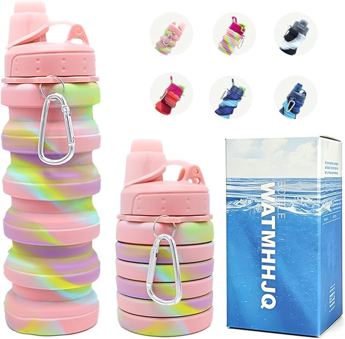 Silicone Collapsible Sports Water Bottles 500ml 16oz,Leak proof Twist Cap BPA Free Retractable for Home Outdoor,Biking,Hiking Portable Water Bottle Cups(1#Pink)