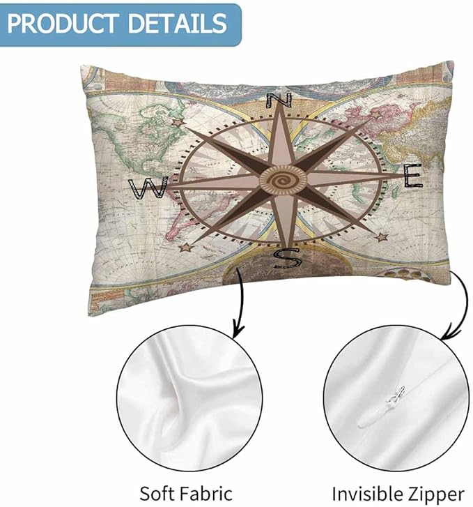 Nautical Compass Throw Pillow Covers 12 X 20 Historical World Map Earth Exploration Vintage Set of 2 Pillow Cases Velvet Outdoor Pillowcases Decorative for Home Bed Sofa Couch Hotel