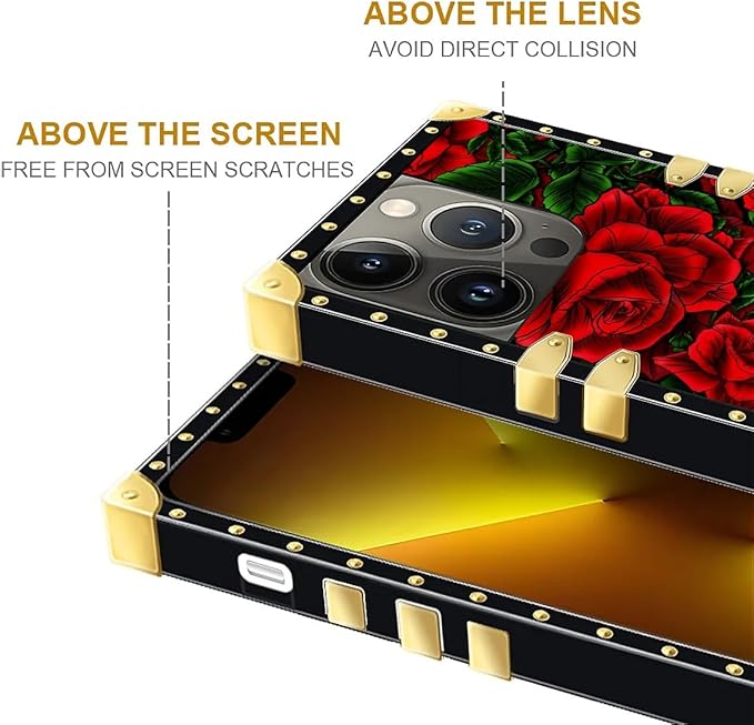 Compatible with iPhone 13 Pro Max Case, Vector Red Rose Green Leaf Luxury Golden Decoration for Girl Women Soft TPU Shockproof Protective Hard PC Back for iPhone 13 Pro Max