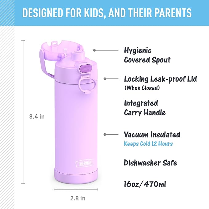 THERMOS FUNTAINER 16 Ounce Stainless Steel Vacuum Insulated Bottle with Wide Spout Lid, Neon Purple (Pack of 6)