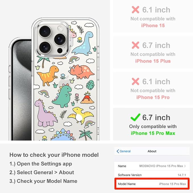 MOSNOVO Case for iPhone 15 Pro Max, [Buffertech 6.6ft Military-Grade Drop Protection] [Anti Peel Off Tech] Clear TPU Bumper Phone Case Cover Design - Dinosaur Land