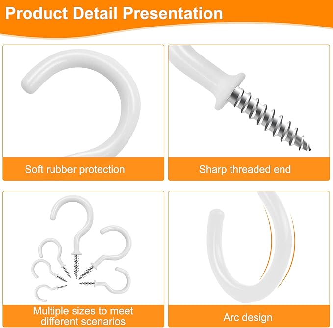 100 PCS Screw in Cup Hooks,6 Size Vinyl Coated Screw Ceiling Wind Chimes Cup Hooks for Hanging Indoor & Outdoor Use(White)
