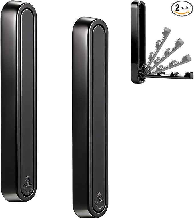 Dntorx 2 Pcs Extended Folding Coat Hooks Wall Mounted, 4.33 in Black Foldable Wall Hooks Heavy Duty Valet RV Hooks Bathroom Towel Hooks Robe Hooks for Hanging Towels Clothes Coat Hat Bags