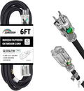 Indoor Outdoor Extension Cord Weatherproof with Lighted End, UL Certified, 12 Gauge 6FT Black 3 Prong Heavy Duty, 12/3 SJTW 15A Power Cord for Outdoor Lights, Lawn