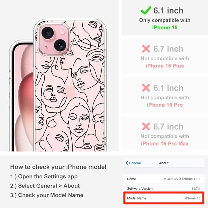 MOSNOVO Case for iPhone 15, [Buffertech 6.6ft Military-Grade Drop Protection] [Anti Peel Off Tech] Clear TPU Bumper Phone Case Cover Design - Abstract Face Line Art