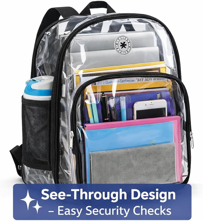 K-Cliffs Large Transparent Backpack Clear Heavy Duty School Bag Durable Student Bookbag See Through Vinyl Daypack Workbag