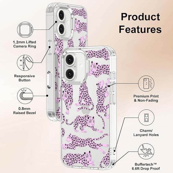 MOSNOVO Case for iPhone 16 Plus, [Buffertech 6.6ft Military-Grade Drop Protection] [Anti Peel Off Tech] Clear TPU Bumper Phone Case Cover Design - Pink Leopard