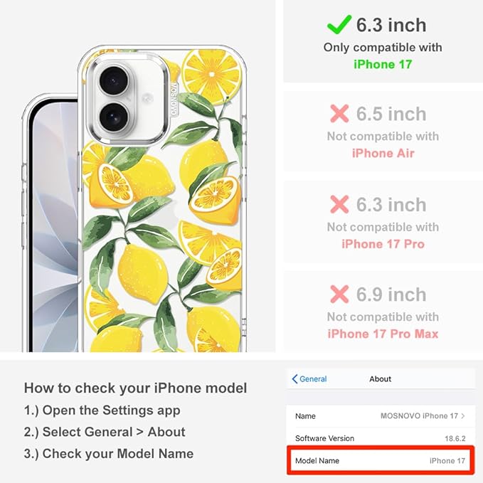MOSNOVO for iPhone 17 Case | Military Grade 6.6ft Drop Tested | Camera Control | Clear with Lemon Design