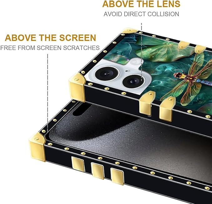 Compatible with iPhone 16 Plus Case, Colourful Dragonfly Pink Lily Pads Luxury Golden Decoration for Girl Women Soft TPU Shockproof Protective Hard PC Back