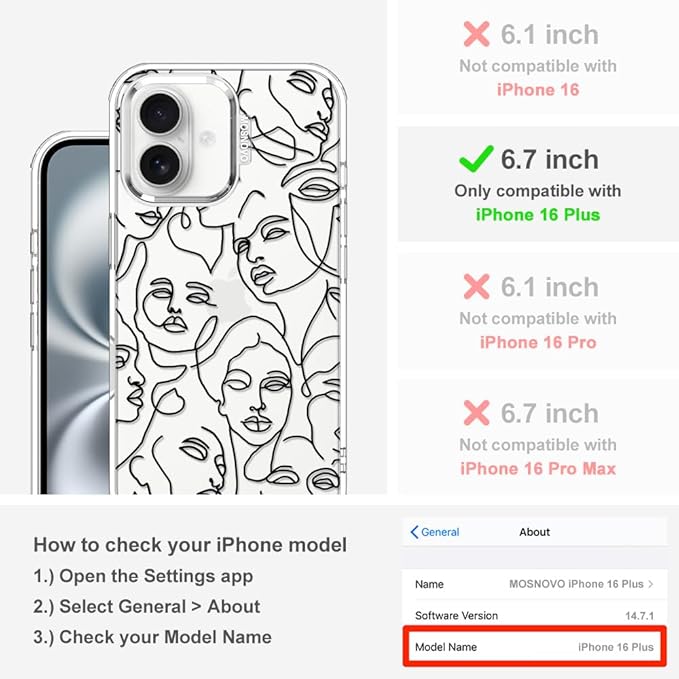 MOSNOVO Case for iPhone 16 Plus, [Buffertech 6.6ft Military-Grade Drop Protection] [Anti Peel Off Tech] Clear TPU Bumper Phone Case Cover Design - Abstract Face Line Art