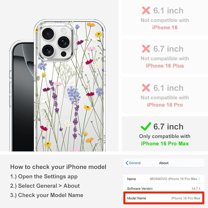 MOSNOVO Case for iPhone 16 Pro Max, [Buffertech 6.6ft Military-Grade Drop Protection] [Anti Peel Off Tech] Clear TPU Bumper Phone Case Cover Design - Floral Garden