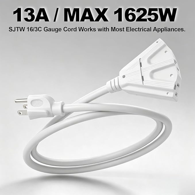 EP 25 Ft Outdoor Extension Cord with 3 Electrical Power Outlets - 16/3 SJTW White Cable with 3 Prong Grounded Plug for Safety Great for Christmas Lights, Garden and Major Appliances